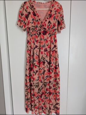 Blencot Floral Pink Ruffle V-Neck Maxi Dress Size M